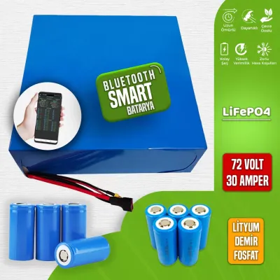 Pilli Batarya 72V 30Ah LiFePO4 Lityum Akü — Bluetooth Uyumlu (72 Volt 30 Amper), JK Jikong Smart Bluetooth BMS