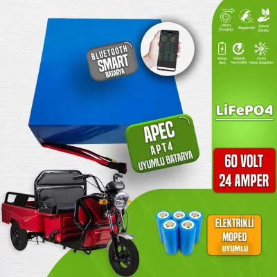 Pilli Batarya 60V 24Ah LiFePO4 Lityum Akü — Apec APT4 Uyumlu (60 Volt 24 Amper), JK Jikong Smart Bluetooth BMS