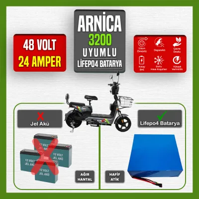 Pilli Batarya 48V 24Ah LiFePO4 Lityum Akü — Arnica 3200 Uyumlu (48 Volt 24 Amper), Standart BMS