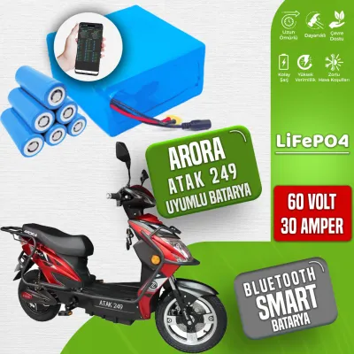 Pilli Batarya 60V 30Ah LiFePO4 Lityum Akü — Arora Atak 249 Uyumlu (60 Volt 30 Amper), JK Jikong Smart Bluetooth BMS