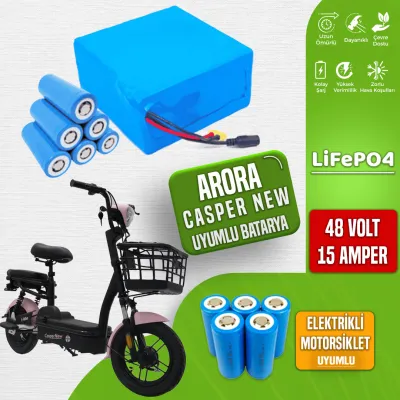 Pilli Batarya 48V 15Ah LiFePO4 Lityum Akü — Arora Casper New Uyumlu (48 Volt 15 Amper), Standart BMS