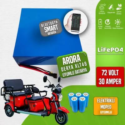 Pilli Batarya 72V 30Ah LiFePO4 Lityum Akü — Arora Derya XLT48 Uyumlu (72 Volt 30 Amper), JK Jikong Smart Bluetooth BMS