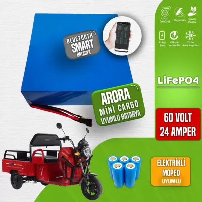 Pilli Batarya 60V 24Ah LiFePO4 Lityum Akü — Arora Mini Cargo Uyumlu (60 Volt 24 Amper), JK Jikong Smart Bluetooth BMS
