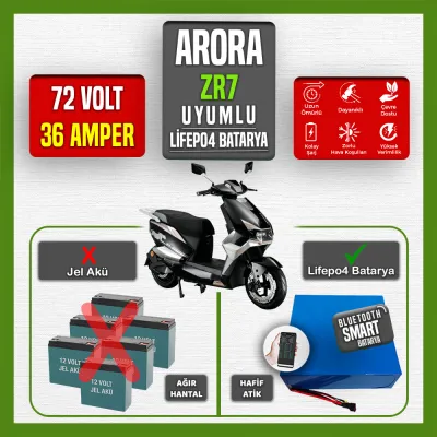 Pilli Batarya 72V 36Ah LiFePO4 Lityum Akü — Arora ZR7 Uyumlu (72 Volt 36 Amper), JK Jikong Smart Bluetooth BMS
