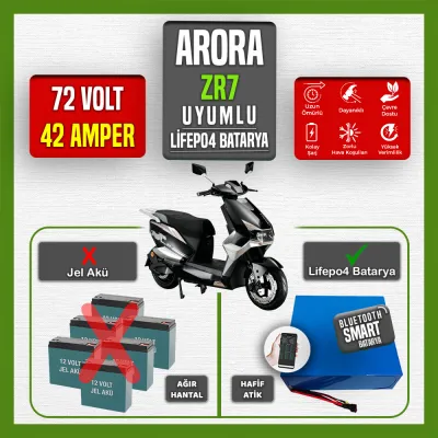 Pilli Batarya 72V 42Ah LiFePO4 Lityum Akü — Arora ZR7 Uyumlu (72 Volt 42 Amper), JK Jikong Smart Bluetooth BMS