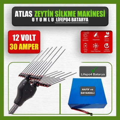 Pilli Batarya 12V 30Ah LiFePO4 Lityum Akü - Atlas Zeytin Silkme Makinesi Uyumlu (12 Volt 30 Amper), Standart BMS