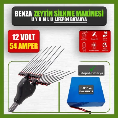 Pilli Batarya 12V 54Ah LiFePO4 Lityum Akü - Benza Zeytin Silkme Makinesi Uyumlu (12 Volt 54 Amper), Standart BMS