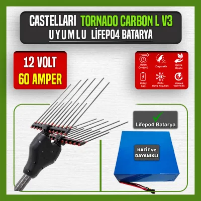 Pilli Batarya 12V 60Ah LiFePO4 Lityum Akü - Castellari Tornado Carbon L V3 Zeytin Silkme Makinesi Uyumlu (12 Volt 60 Amper), Standart BMS