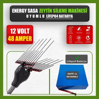 Pilli Batarya 12V 48Ah LiFePO4 Lityum Akü - Energy Sasa Zeytin Silkme Makinesi Uyumlu (12 Volt 48 Amper), Standart BMS
