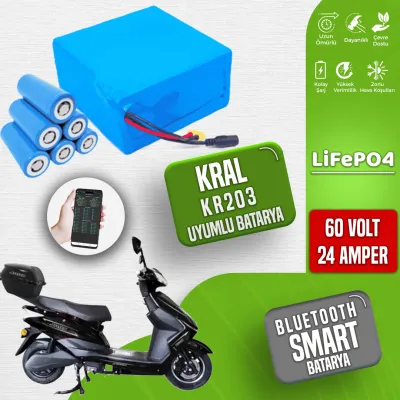 Pilli Batarya 60V 24Ah LiFePO4 Lityum Akü — Kral KR203 Uyumlu (60 Volt 24 Amper), JK Jikong Smart Bluetooth BMS