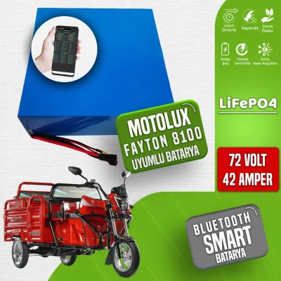 Pilli Batarya 72V 42Ah LiFePO4 Lityum Akü — Motolux Fayton 8100 Uyumlu (72 Volt 42 Amper), JK Jikong Smart Bluetooth BMS