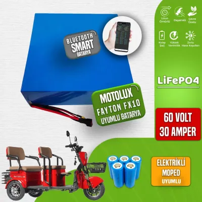Pilli Batarya 60V 30Ah LiFePO4 Lityum Akü — Motolux Fayton FX10 Uyumlu (60 Volt 30 Amper), JK Jikong Smart Bluetooth BMS