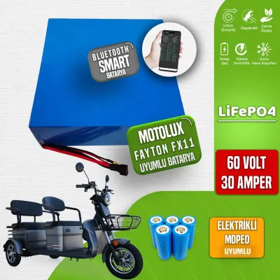 Pilli Batarya 60V 30Ah LiFePO4 Lityum Akü — Motolux Fayton FX11 Uyumlu (60 Volt 30 Amper), JK Jikong Smart Bluetooth BMS