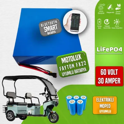 Pilli Batarya 60V 30Ah LiFePO4 Lityum Akü — Motolux Fayton FX22 Uyumlu (60 Volt 30 Amper), JK Jikong Smart Bluetooth BMS