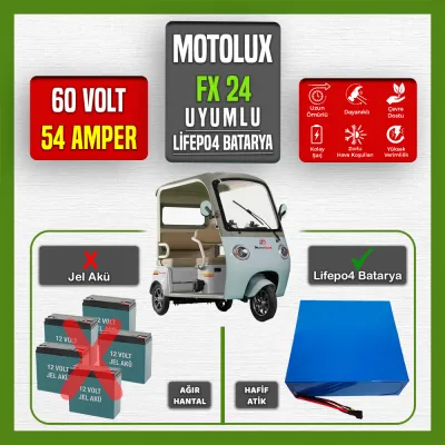 Pilli Batarya 60V 54Ah LiFePO4 Lityum Akü — Motolux Fayton FX24 Uyumlu (60 Volt 54 Amper), JK Jikong Smart Bluetooth BMS