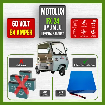 Pilli Batarya 60V 84Ah LiFePO4 Lityum Akü — Motolux Fayton FX24 Uyumlu (60 Volt 84 Amper), JK Jikong Smart Bluetooth BMS
