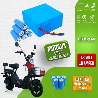 Pilli Batarya 48V 18Ah LiFePO4 Lityum Akü — Motolux Gogo Uyumlu (48 Volt 18 Amper), Standart BMS