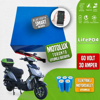 Pilli Batarya 60V 30Ah LiFePO4 Lityum Akü — Motolux Toronto Uyumlu (60 Volt 30 Amper), JK Jikong Smart Bluetooth BMS