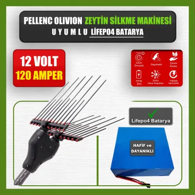 Pilli Batarya 12V 120Ah LiFePO4 Lityum Akü - Pellenc Olivion Zeytin Silkme Makinesi Uyumlu (12 Volt 120 Amper), Standart BMS