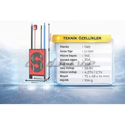 Pilli Batarya Daly 14S 30A Li-ion Kontaklı BMS