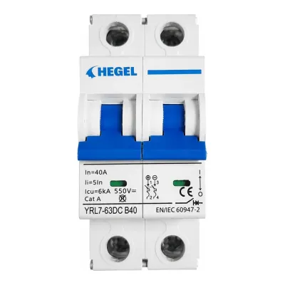 Pilli Batarya Hegel YRL7 550V DC 40A 2P B Tipi DC Devre Kesici