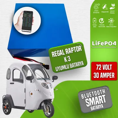 Pilli Batarya 72V 30Ah LiFePO4 Lityum Akü — Regal Raptor K3 Uyumlu (72 Volt 30 Amper), JK Jikong Smart Bluetooth BMS