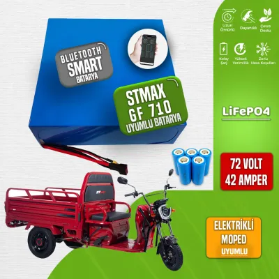 Pilli Batarya 72V 42Ah LiFePO4 Lityum Akü — Stmax Gf 710 Moped Uyumlu (72 Volt 42 Amper), JK Jikong Smart Bluetooth BMS