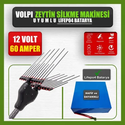 Pilli Batarya 12V 60Ah LiFePO4 Lityum Akü - Volpi Zeytin Silkme Makinesi Uyumlu (12 Volt 60 Amper), Standart BMS