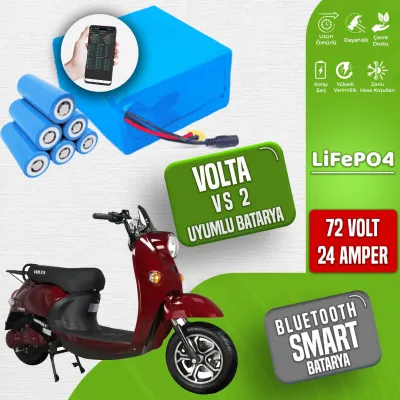 Pilli Batarya 72V 24Ah LiFePO4 Lityum Akü — Volta VS2 Uyumlu (72 Volt 24 Amper), JK Jikong Smart Bluetooth BMS