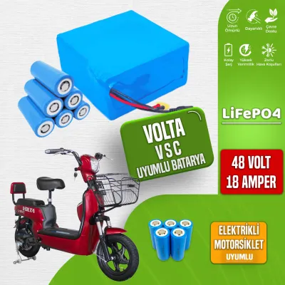 Pilli Batarya 48V 18Ah LiFePO4 Lityum Akü — Volta VSC Uyumlu (48 Volt 18 Amper), Standart BMS
