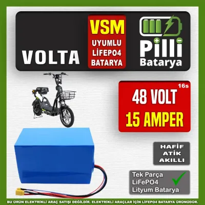Pilli Batarya 48V 15Ah LiFePO4 Lityum Akü — Volta VSM Uyumlu (48 Volt 15 Amper), Standart BMS