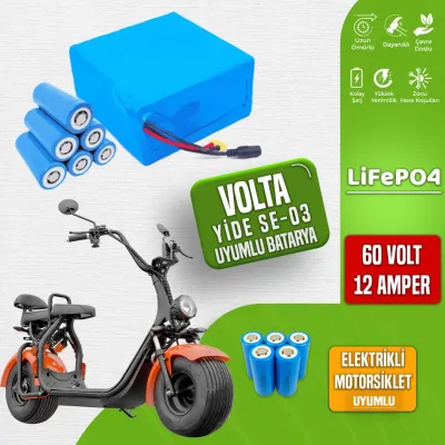Pilli Batarya 60V 12Ah LiFePO4 Lityum Akü — Volta Yide SE Uyumlu (60 Volt 12 Amper), Standart BMS