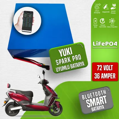 Pilli Batarya 72V 36Ah LiFePO4 Lityum Akü — Yuki Spark PRO Uyumlu (72 Volt 36 Amper), JK Jikong Smart Bluetooth BMS