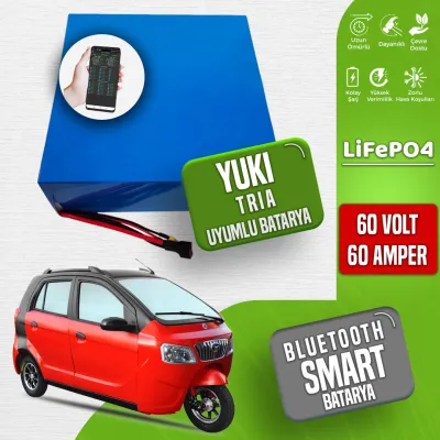 Pilli Batarya 60V 60Ah LiFePO4 Lityum Akü — Yuki Tria Uyumlu (60 Volt 60 Amper), JK Jikong Smart Bluetooth BMS