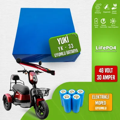 Pilli Batarya 48V 30Ah LiFePO4 Lityum Akü — Yuki YK Uyumlu (48 Volt 30 Amper), Standart BMS