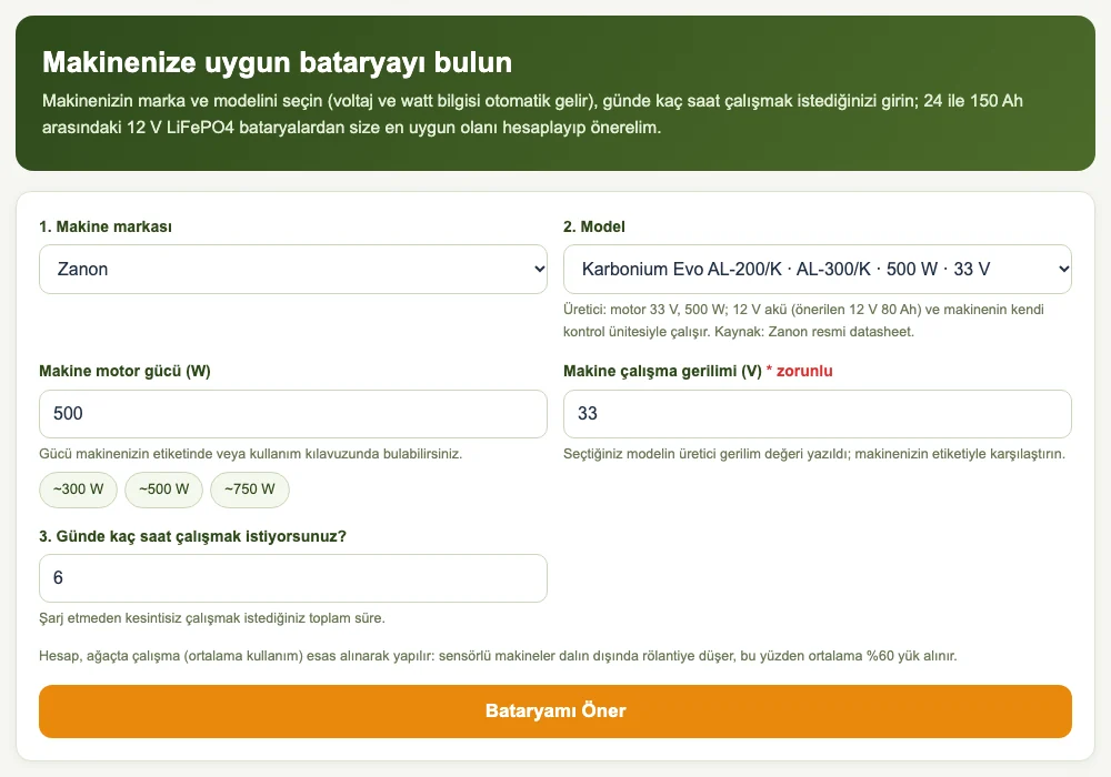 Zeytin silkme makinesi batarya seçici paneli ekran görüntüsü: marka, model ve çalışma süresi girilir